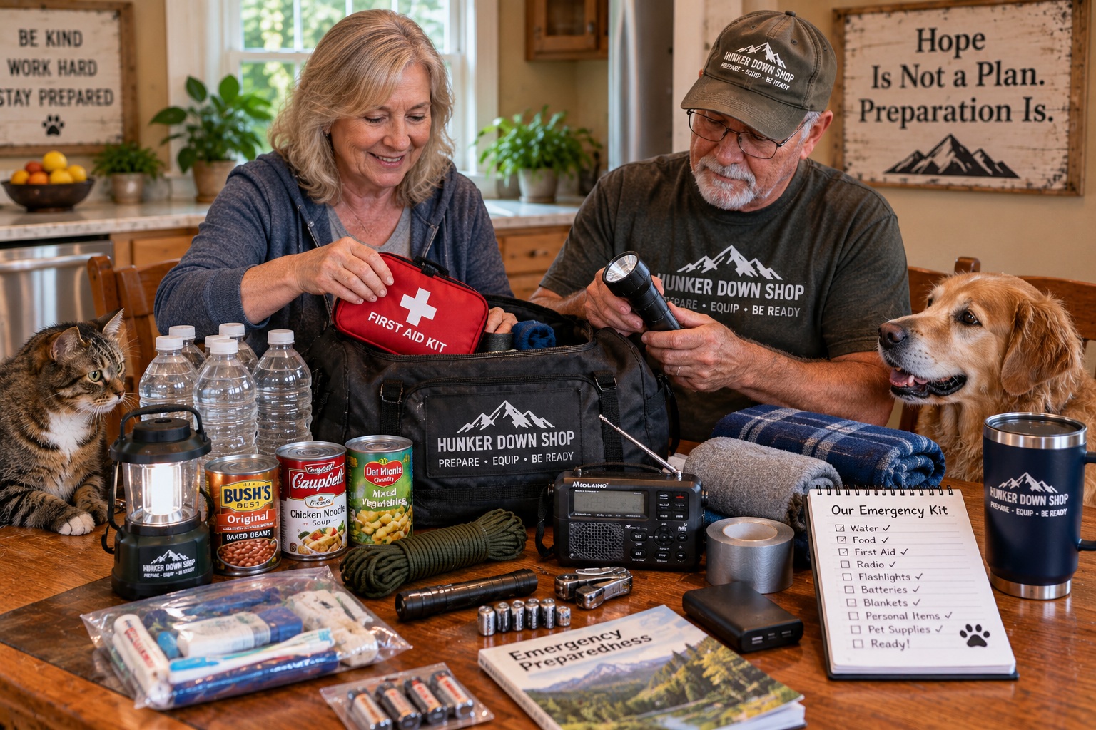 Emergency survival kit with water, food, first aid, radio, flashlight, power bank and other preparedness supplies