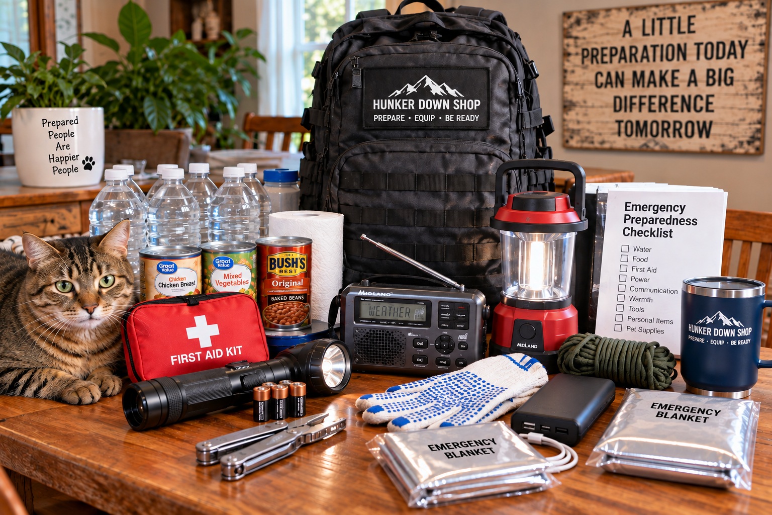 Emergency survival kit with water, food, first aid, radio, flashlight, power bank and other preparedness supplies