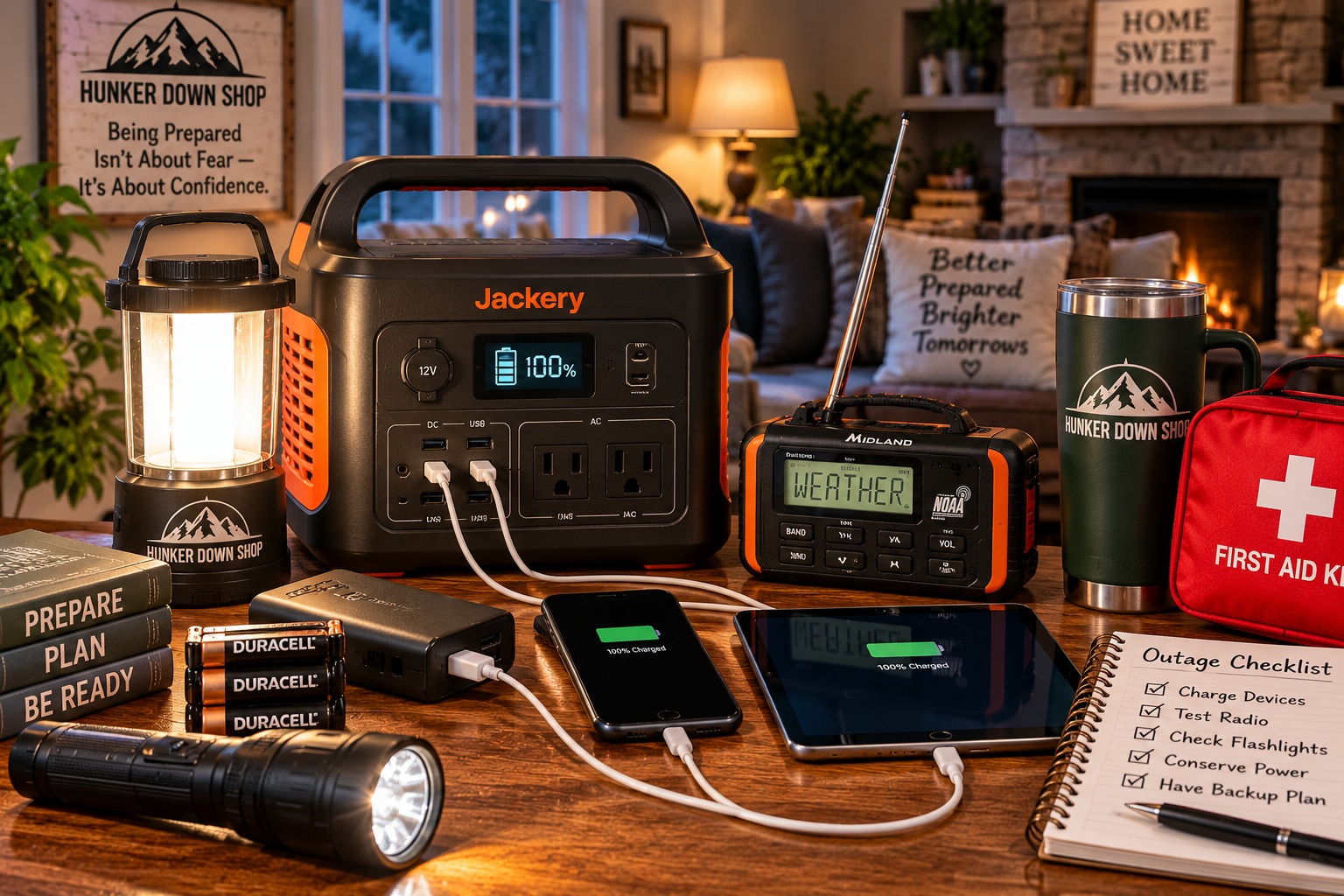 Backup power supplies for a home power outage with power station, emergency radio, lantern, flashlight, batteries and charging devices