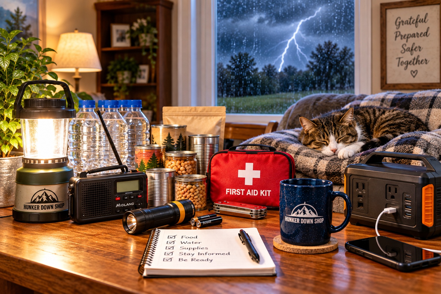 Emergency preparedness supplies for hunkering down at home with water, food, lantern, radio, first aid kit and backup power