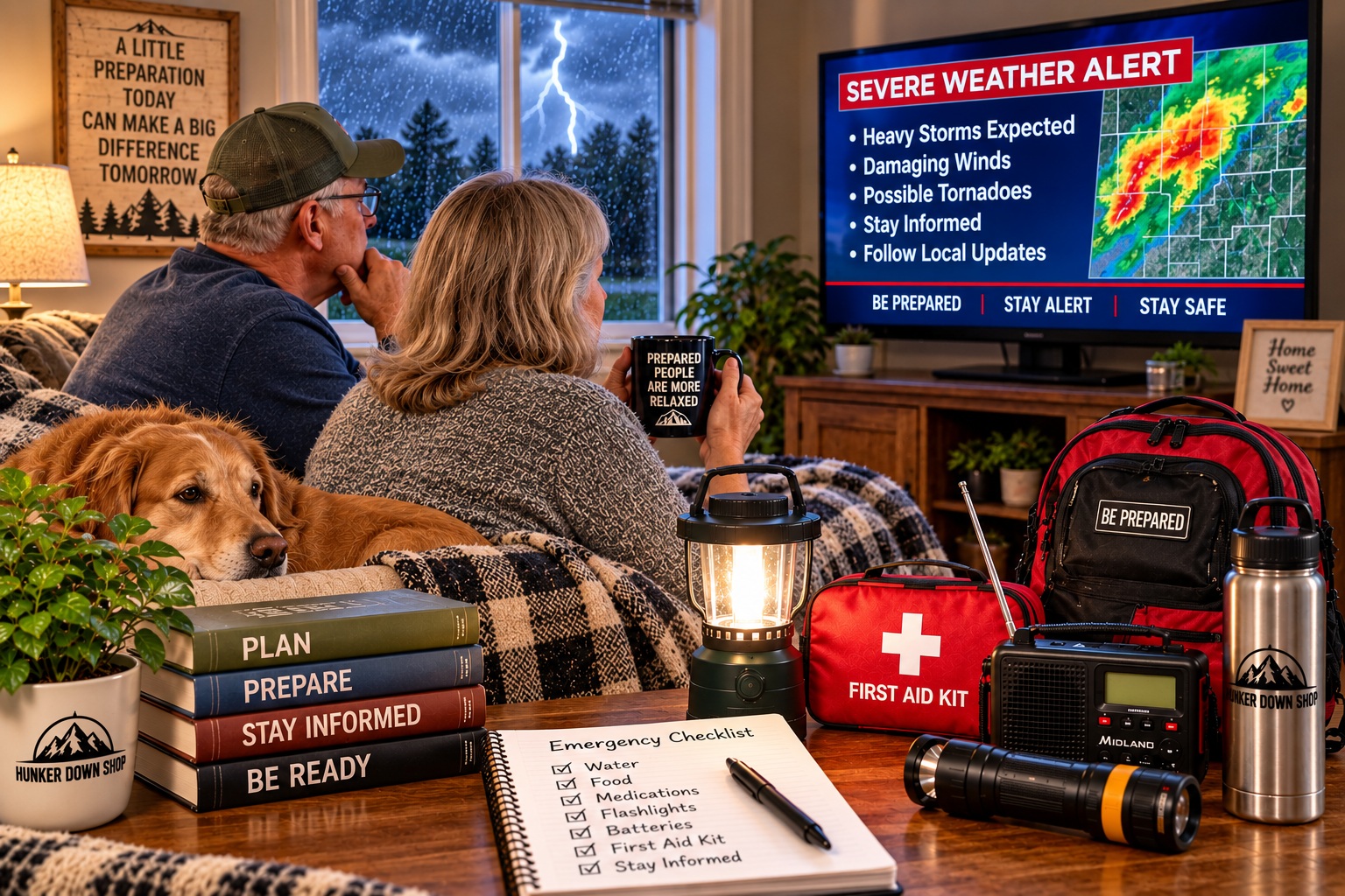 Couple hunkering down at home during severe weather with emergency supplies, radio, lantern, first aid kit and go bag