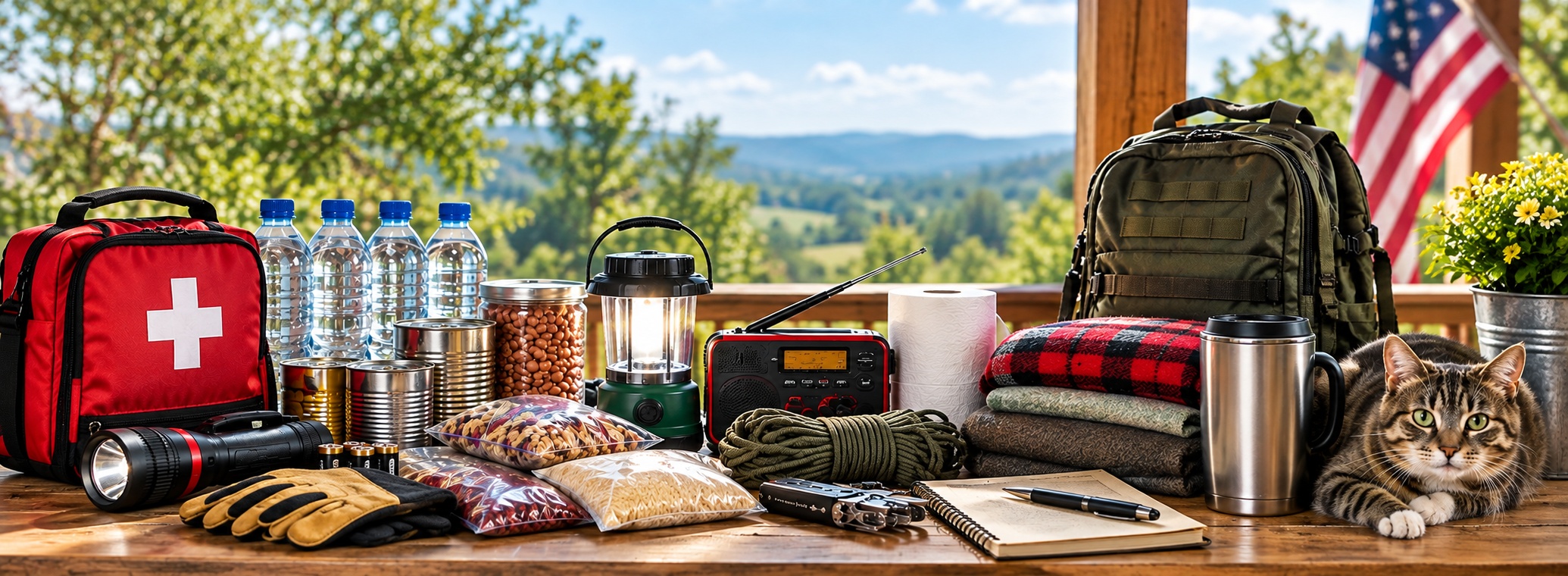 Emergency preparedness supplies including food, water, first aid, lighting, radio and survival gear