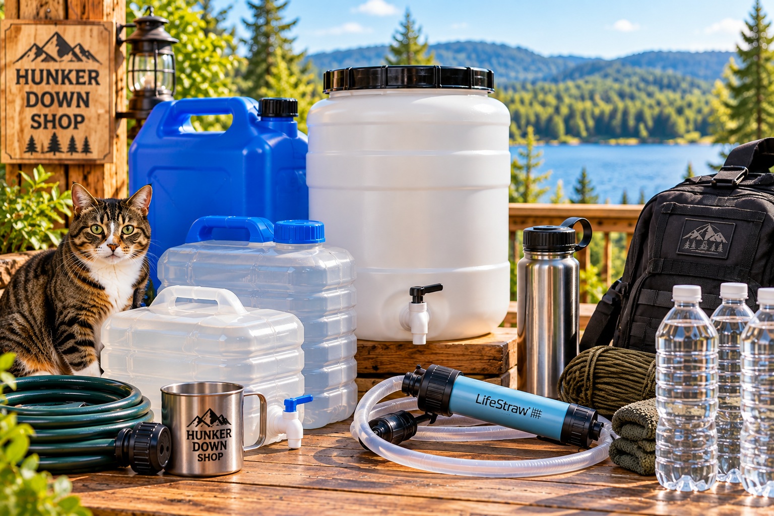 Emergency water storage containers and water filtration supplies