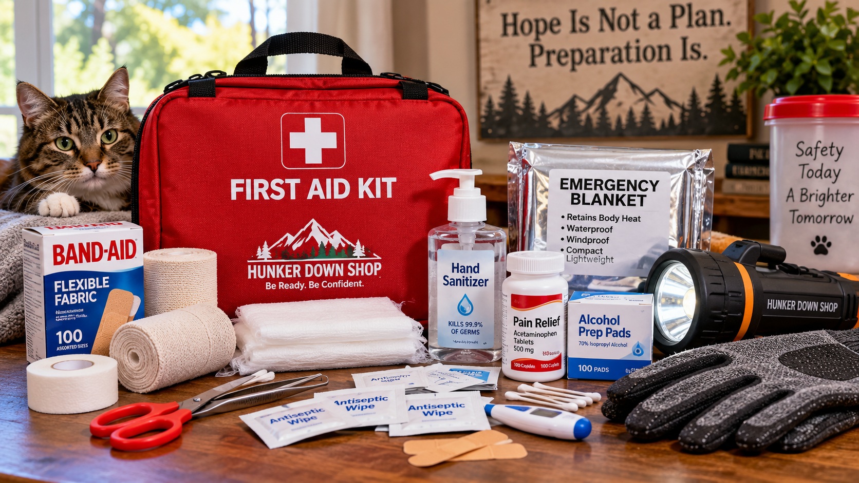 Emergency first aid and safety supplies with flashlight and emergency blanket
