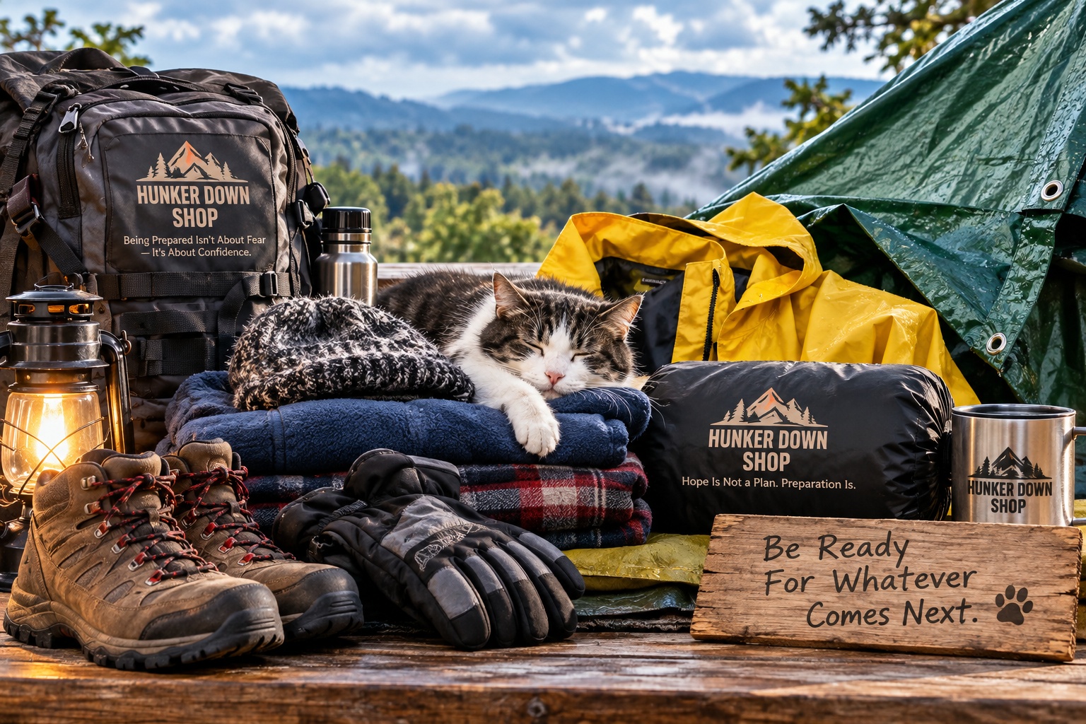 Warm clothing, rain gear and emergency shelter supplies with a cat
