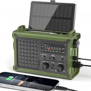 Solar emergency radio with NOAA weather alerts, hand crank charging, flashlight, and phone charger