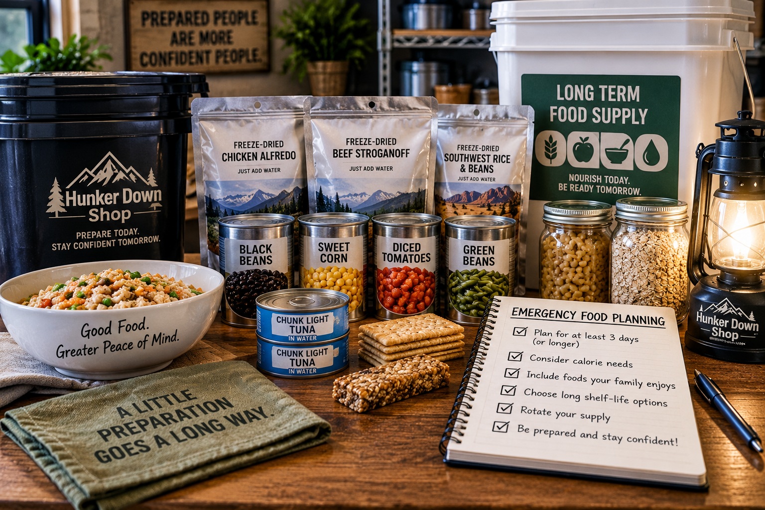 Emergency food supply with freeze-dried meals, canned foods, long-term food storage, and planning checklist
