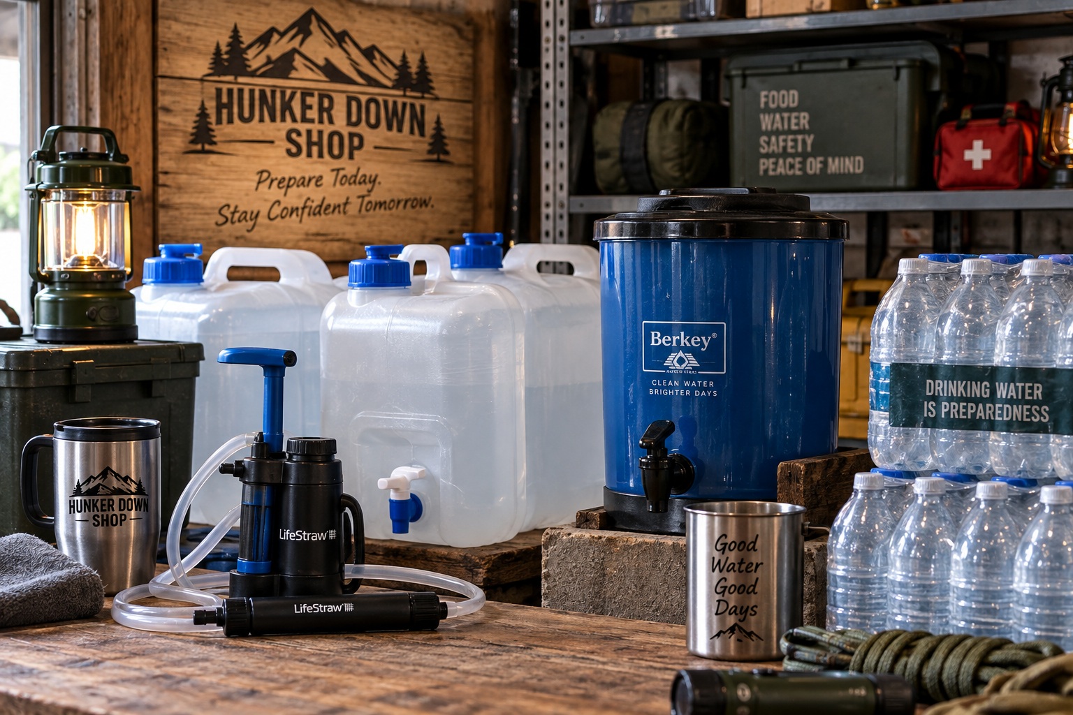 Emergency water storage containers and filtration supplies for disaster preparedness