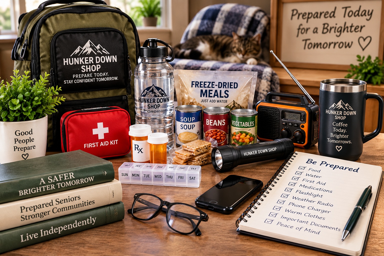 Emergency preparedness supplies for seniors including food, water, medications, radio, flashlight, and first aid kit