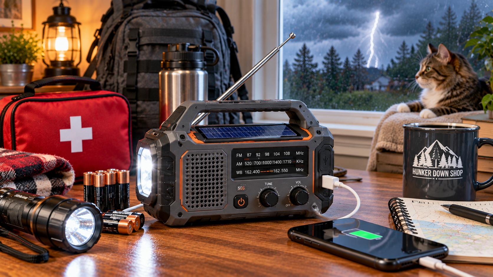Emergency radio with flashlight, batteries, phone charger, and preparedness supplies during a storm