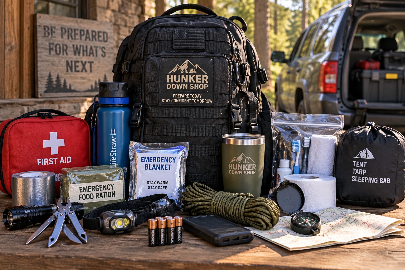 Bug-out bag with emergency supplies and Hunker Down Shop gear
