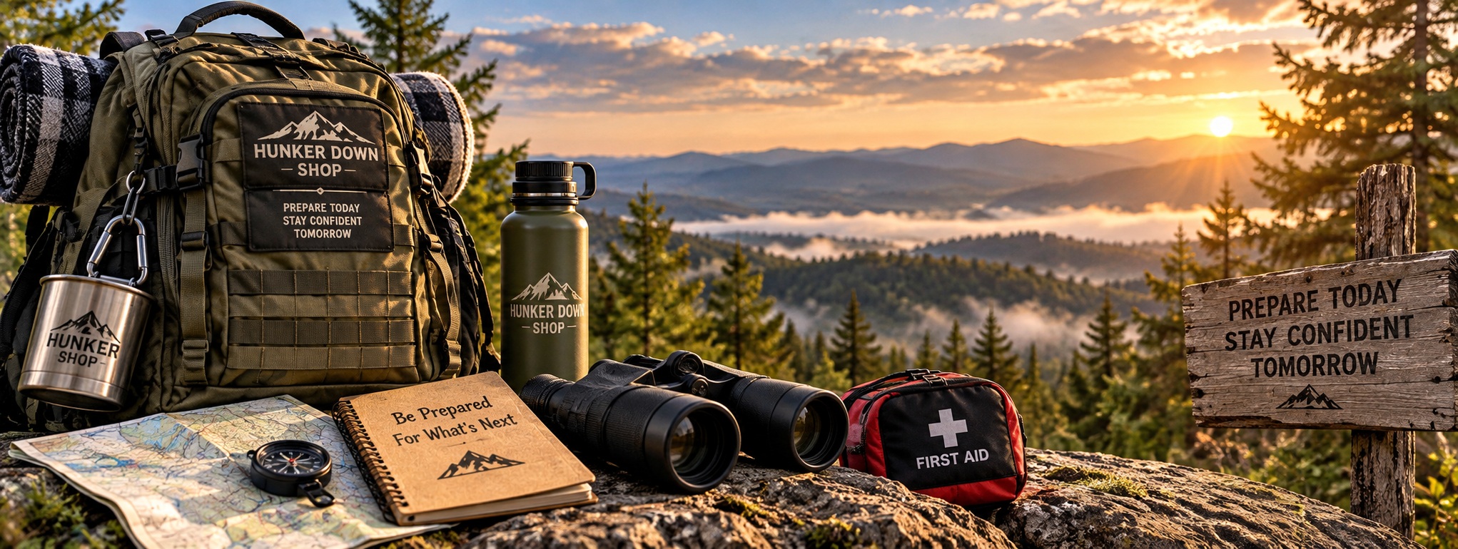 Bug-out bag with emergency supplies overlooking a mountain landscape