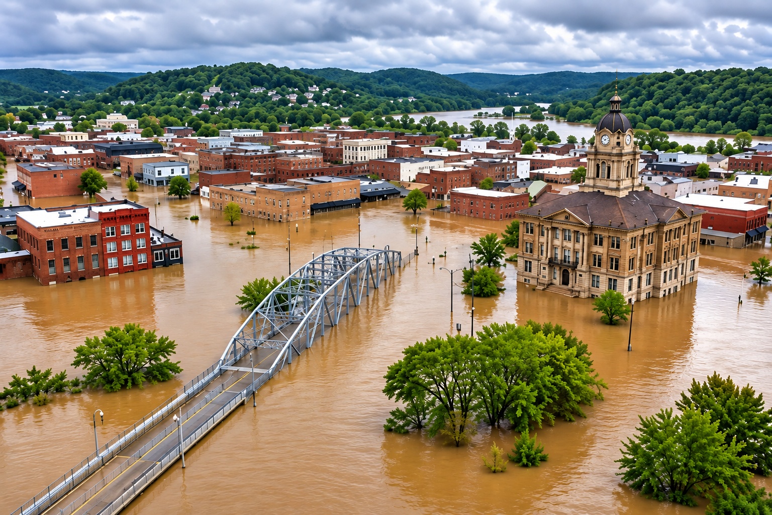 Flooded downtown with buildings, bridge, and courthouse surrounded by rising water