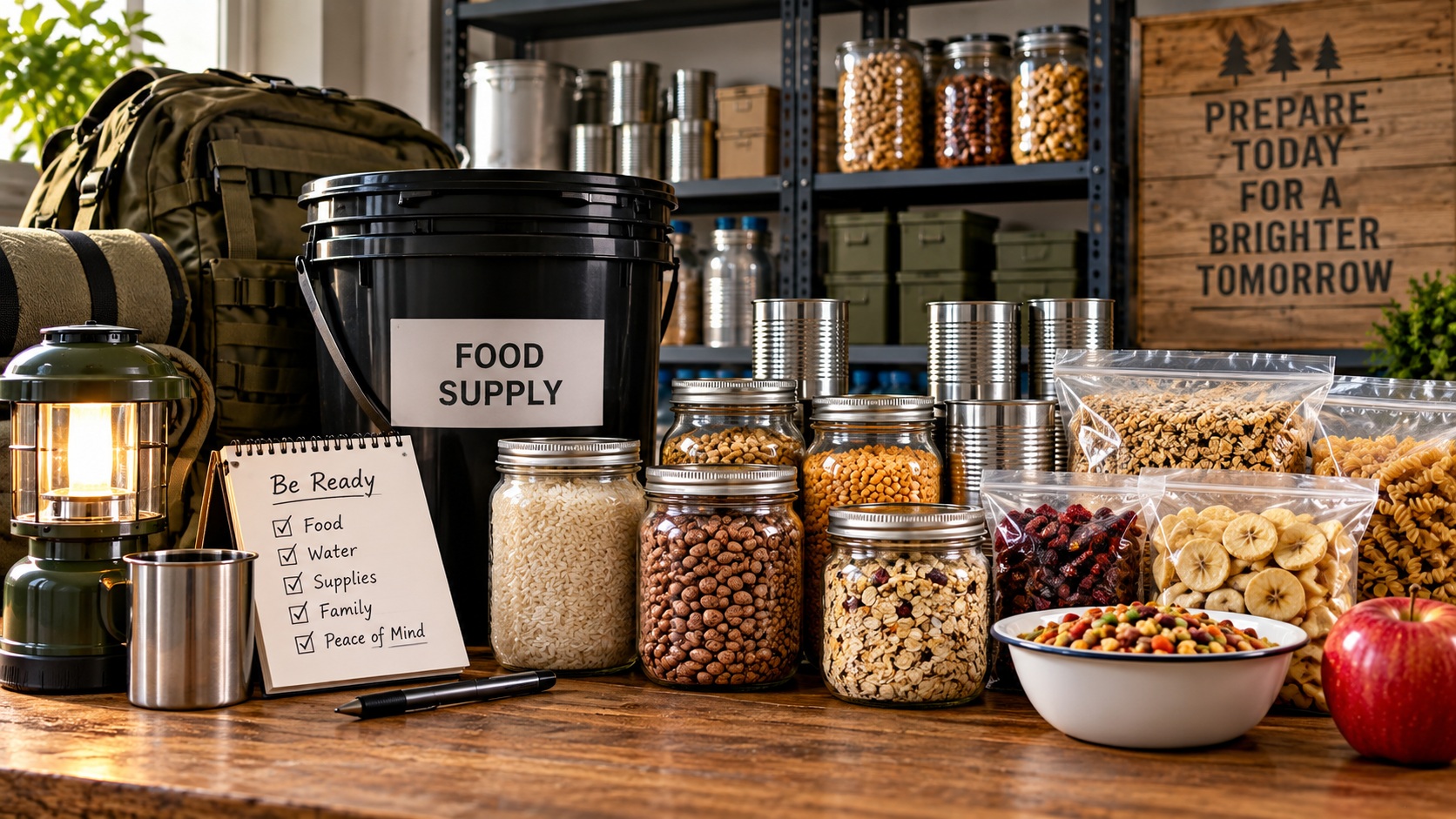 Emergency food storage supplies with canned food, dry goods, water and preparedness gear