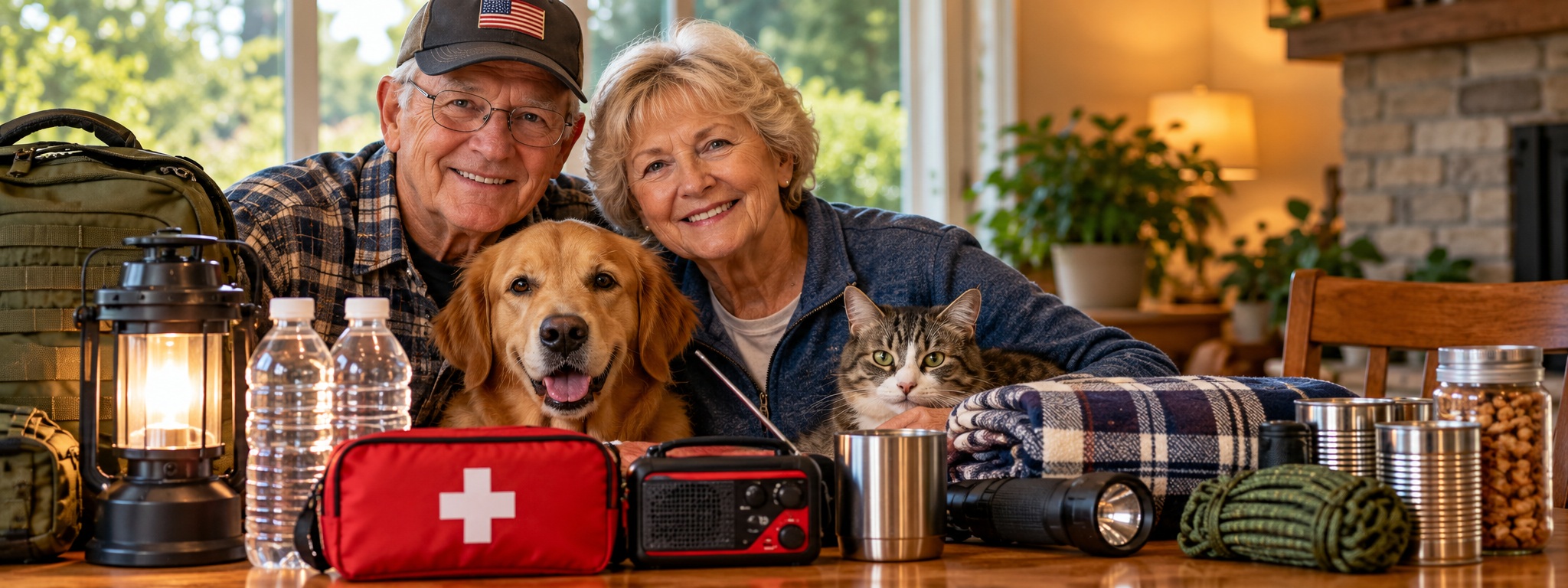 Senior couple with emergency supplies, dog and cat