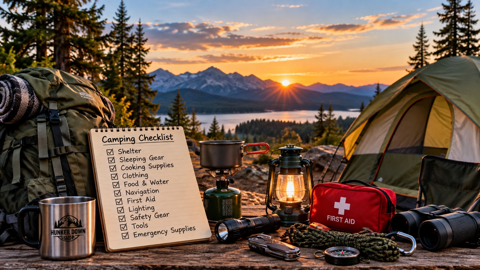 Camping gear and emergency supplies at a mountain campsite