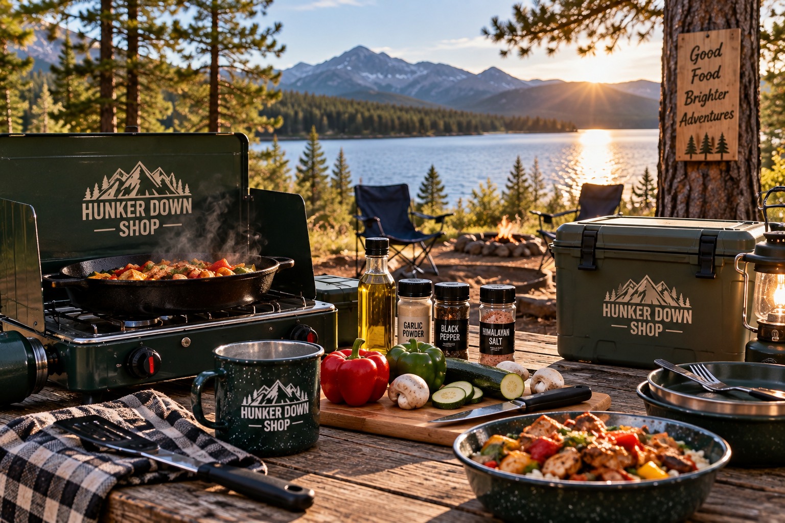 Camping stove and cooking supplies at a lakeside campsite with Hunker Down Shop gear