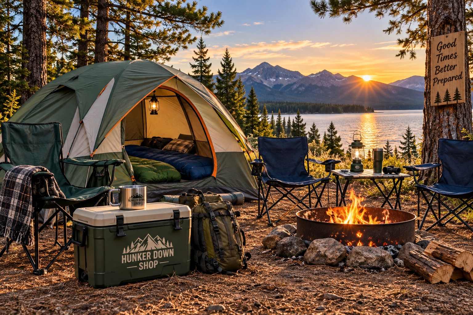 Camping tent and gear at a lakeside campsite with Hunker Down Shop cooler