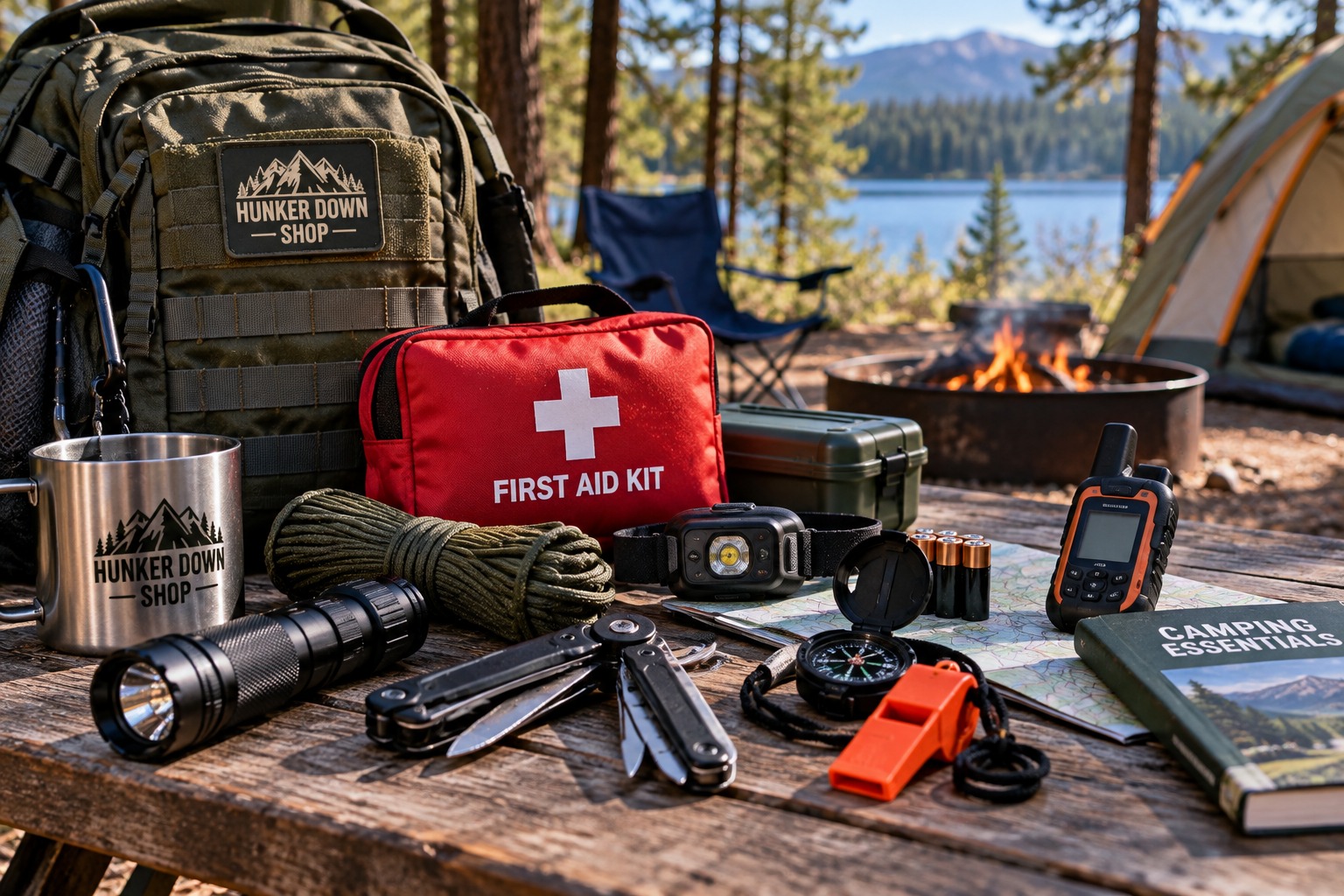 Camping tools and first aid supplies with Hunker Down Shop gear