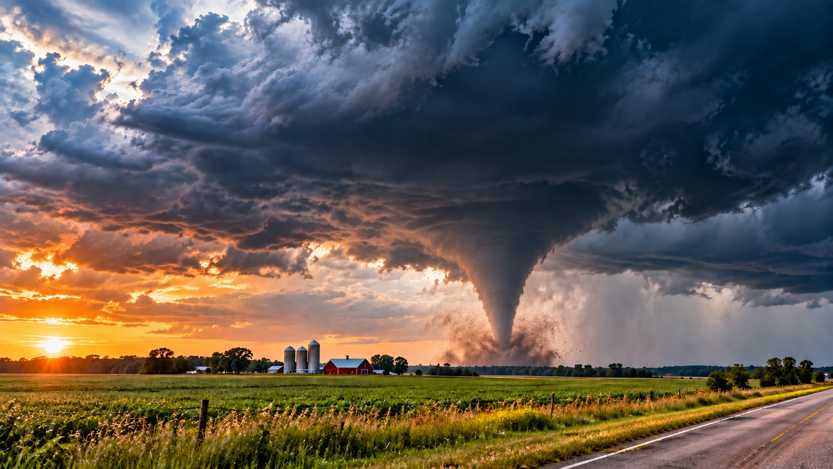 Tornado over Midwest farmland during severe weather