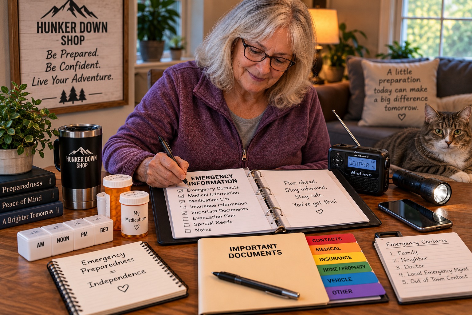 Senior woman organizing emergency contacts, medications and important documents for emergency preparedness