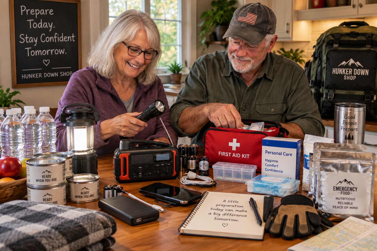 Senior couple organizing emergency supplies including a flashlight, weather radio, water, food and first aid kit