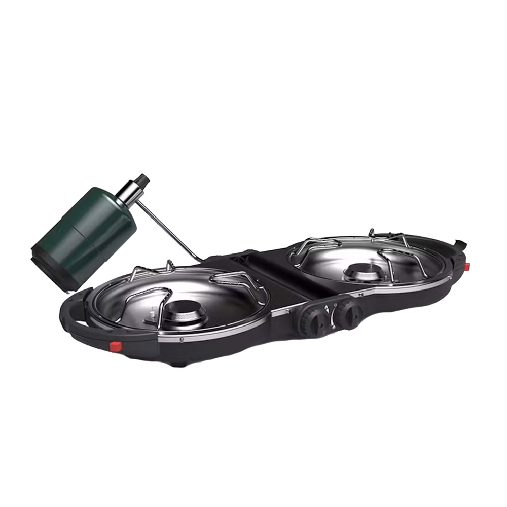 109153XL.jpg Portable two-burner propane camping stove with fuel canister