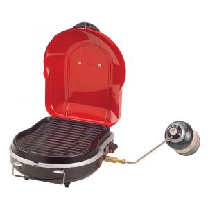 Portable red propane camping grill with lid and fuel canister