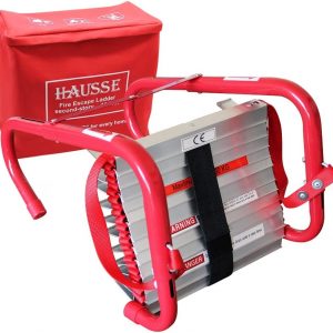 2 story fire escape ladder with retractable hooks and red storage bag