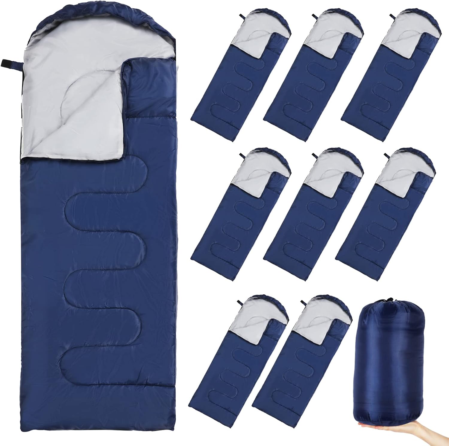 61VyMrmMtYL._AC_SL1500_ Blue sleeping bag with soft gray lining and compact storage sack