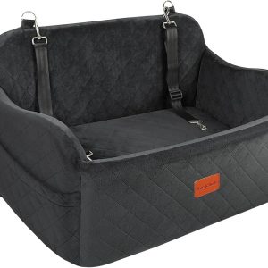 Black memory foam dog car seat with safety leashes
