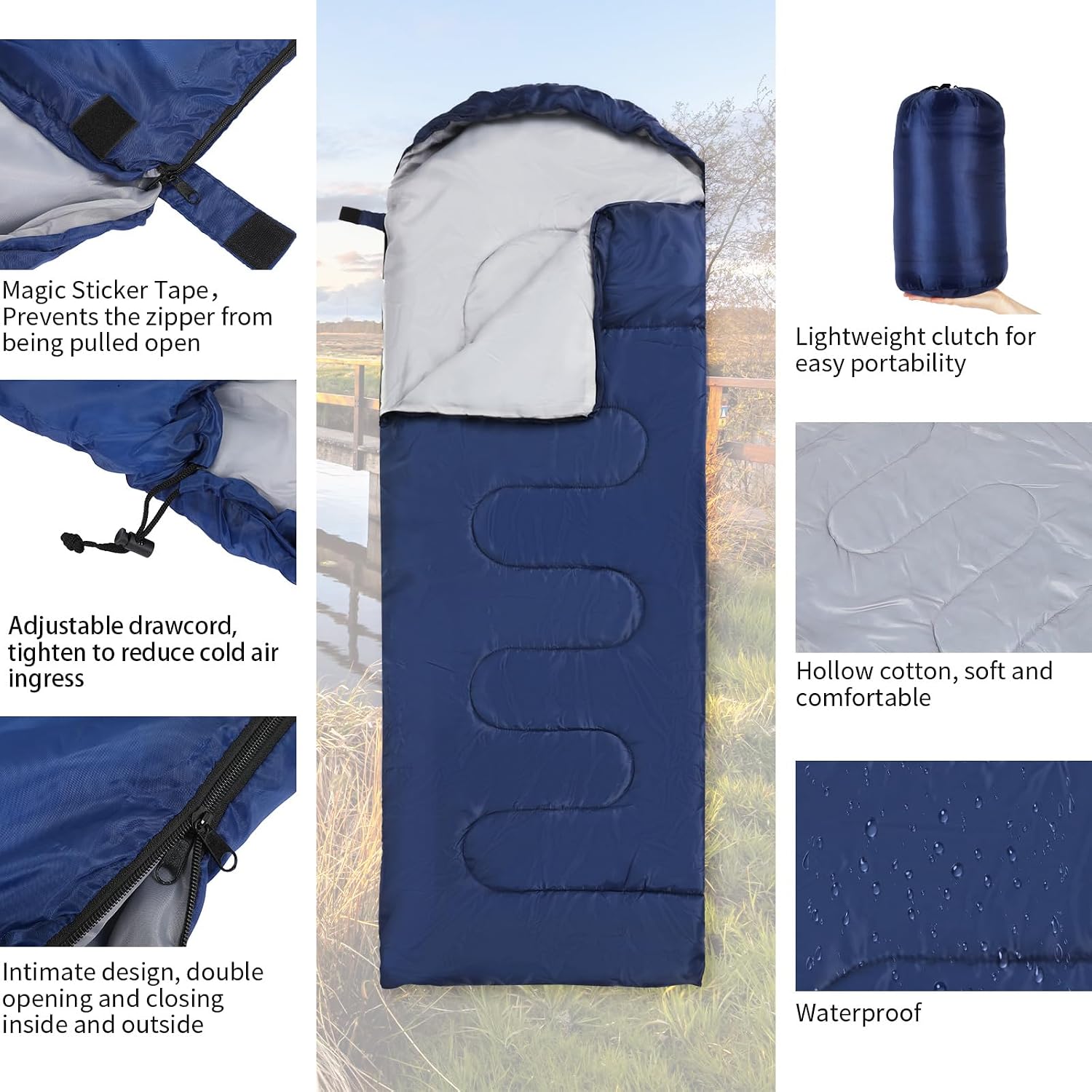 71TeLKODauL._AC_SL1500_ Blue lightweight sleeping bag with waterproof fabric, drawcord hood, double zipper and storage sack