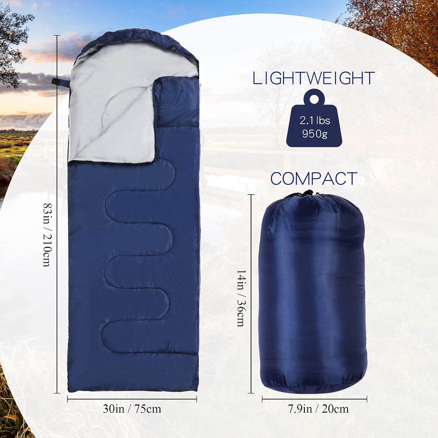 71bWIjwznIL._AC_SL1500_ Lightweight blue sleeping bag measuring 83 by 30 inches with compact storage sack