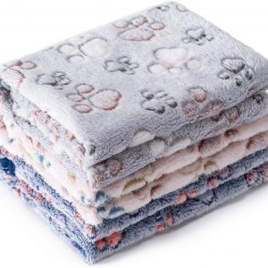 Three large pet blankets for dogs and cats in beige, grey, and navy