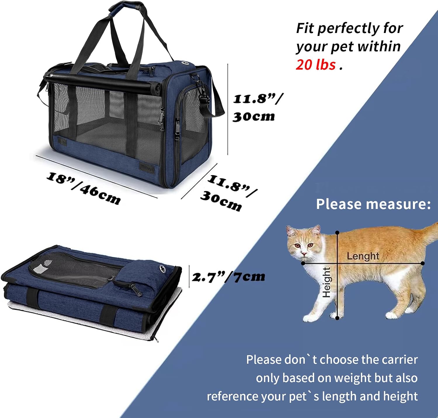 71uUqjh2ueL._AC_SL1500_ Blue soft-sided pet carrier showing size and pet fit guide