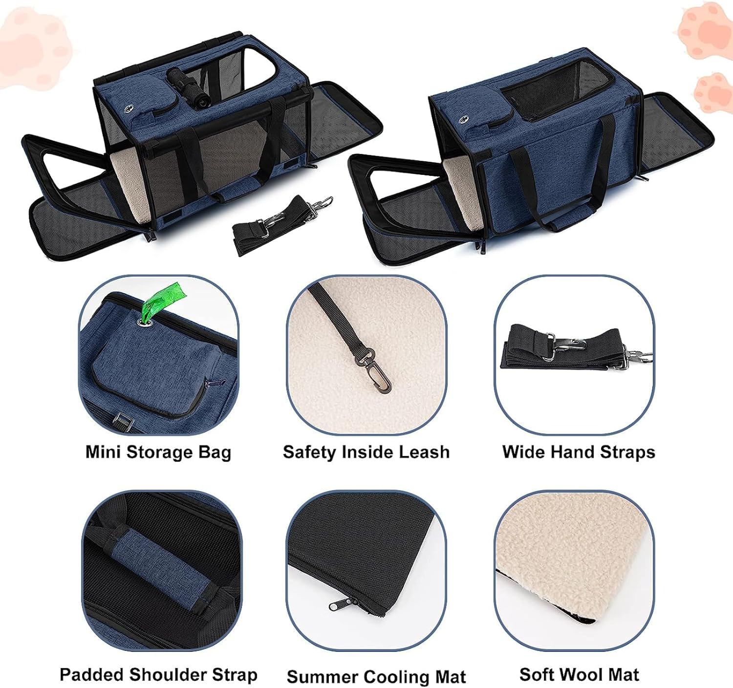 814MMIxz8YL._AC_SL1500_ Blue soft-sided pet carrier showing ventilation and comfort features