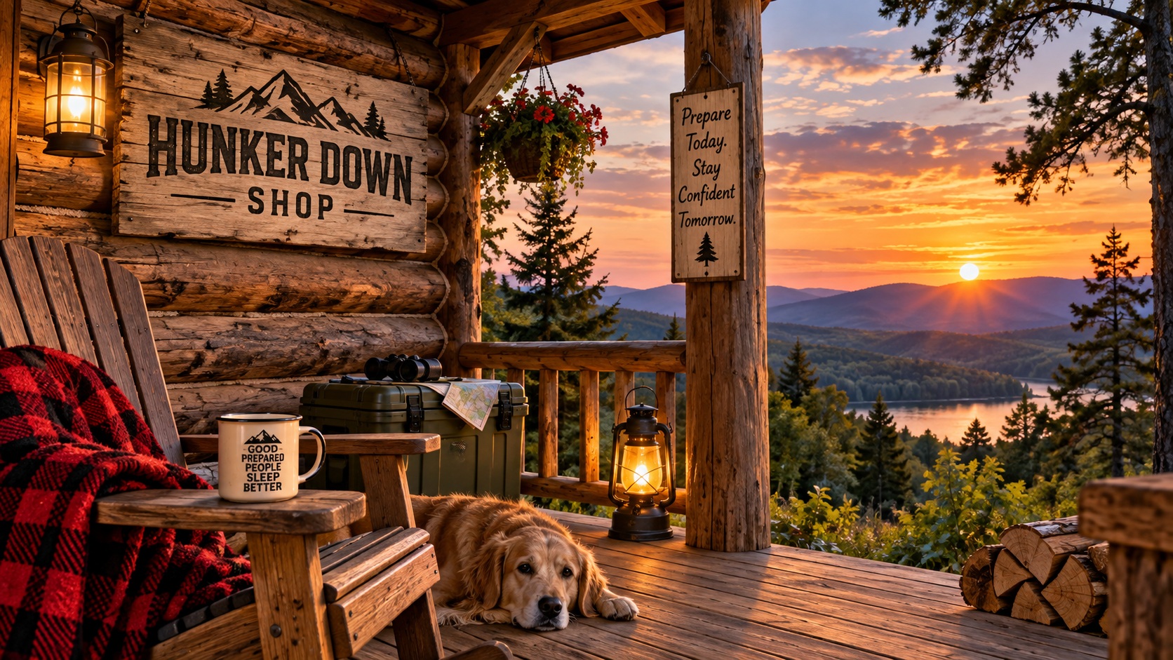Hunker Down Shop cabin with emergency preparedness gear overlooking a mountain landscape