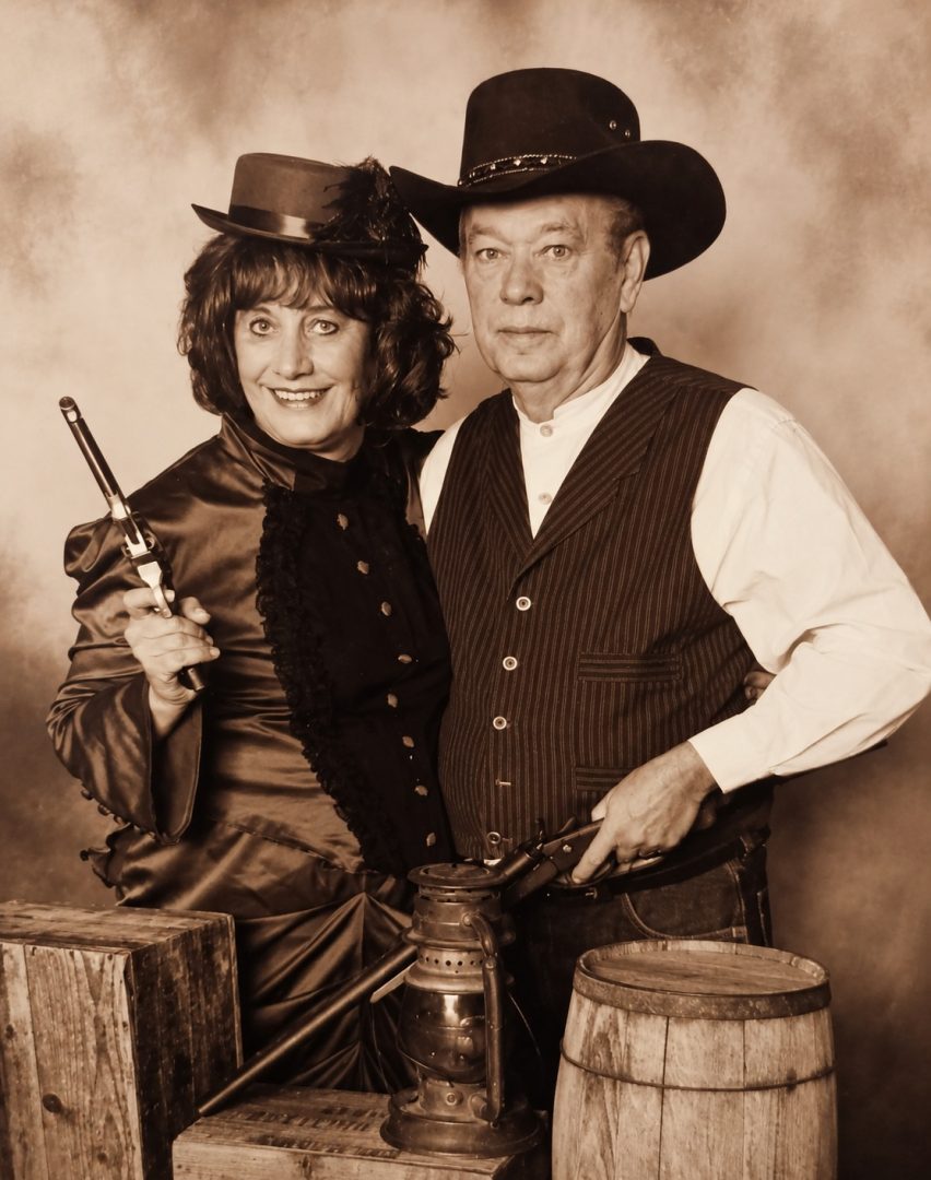 Tom and Connie, owners of Hunker Down Shop, in an old-time Western portrait
