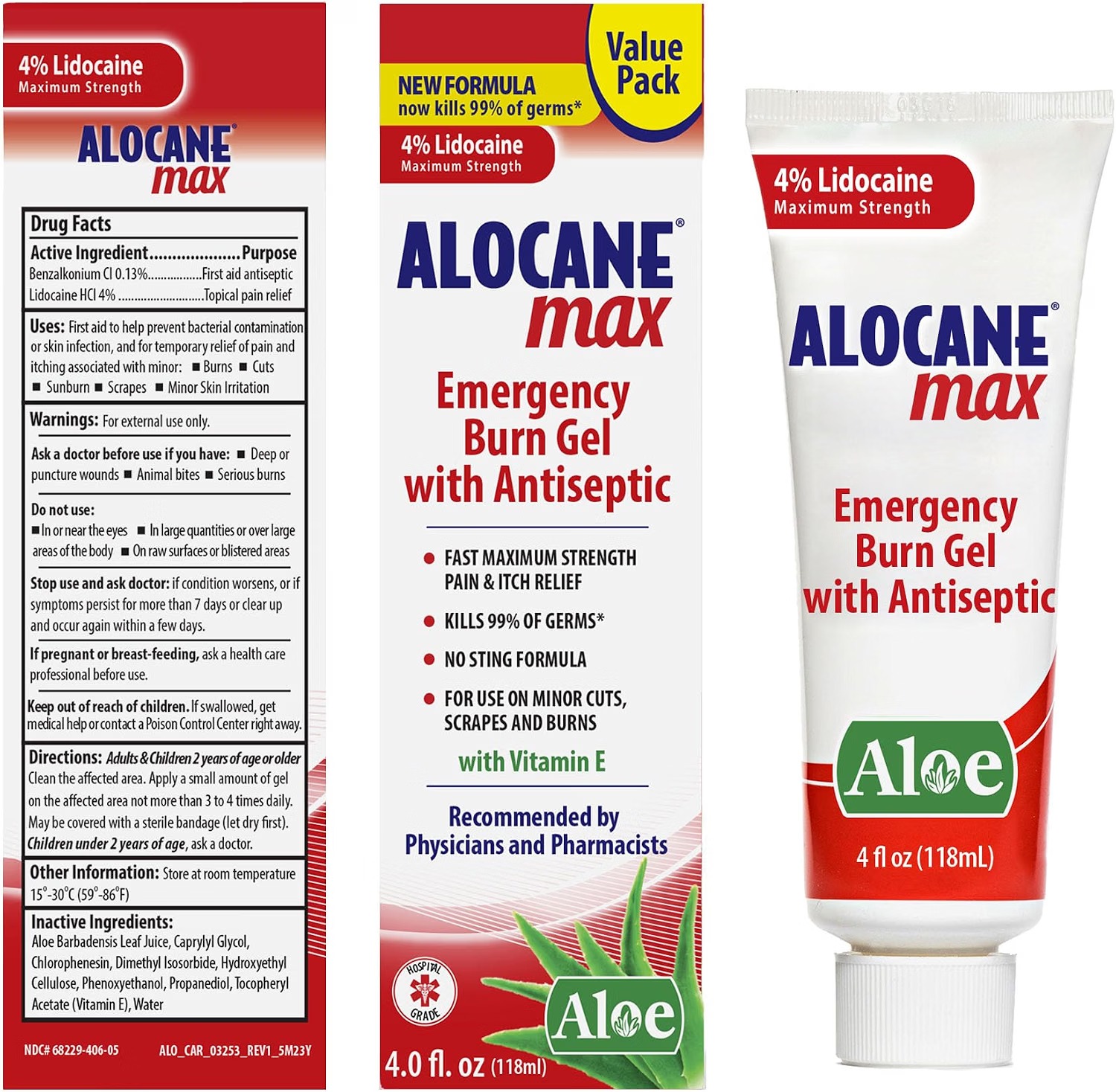 alocane-max-burn-gel-box-and-tube ALOCANE Max Emergency Burn Gel 4 oz box and tube with 4% lidocaine