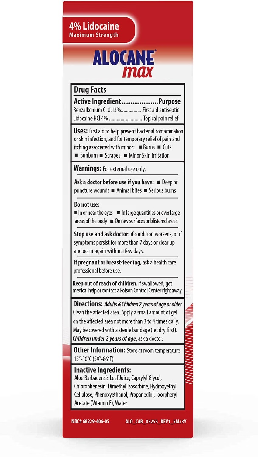 alocane-max-burn-gel-drug-facts ALOCANE Max Emergency Burn Gel drug facts ingredients warnings and directions