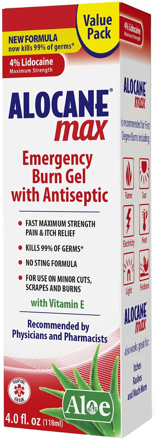 alocane-max-emergency-burn-gel-main ALOCANE Max Emergency Burn Gel with antiseptic and 4% lidocaine 4 oz