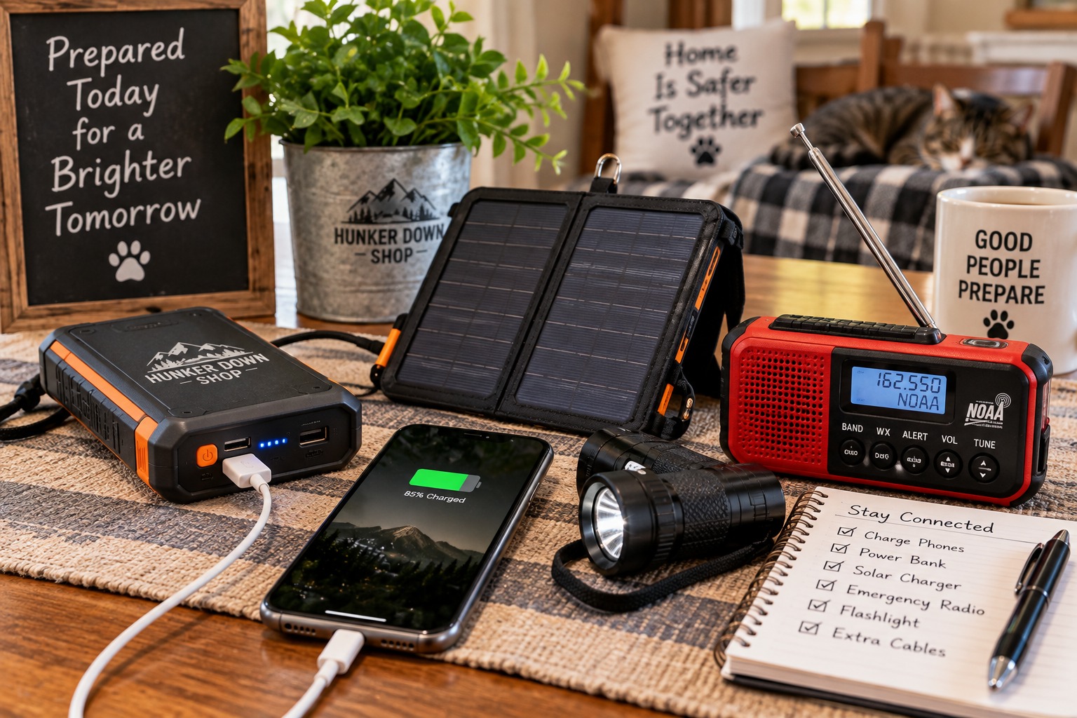 Backup power supplies for a power outage with power bank, solar charger, phone, emergency radio and flashlight