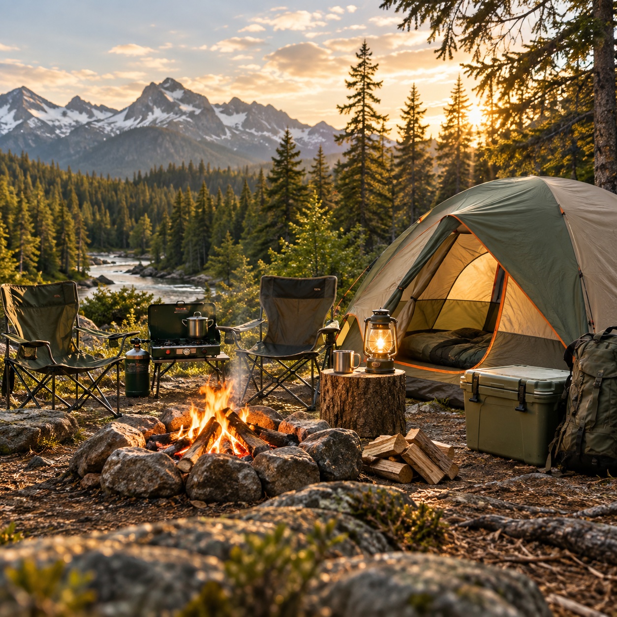 Camping gear with tent, campfire, chairs, lantern, cooler, and camp stove