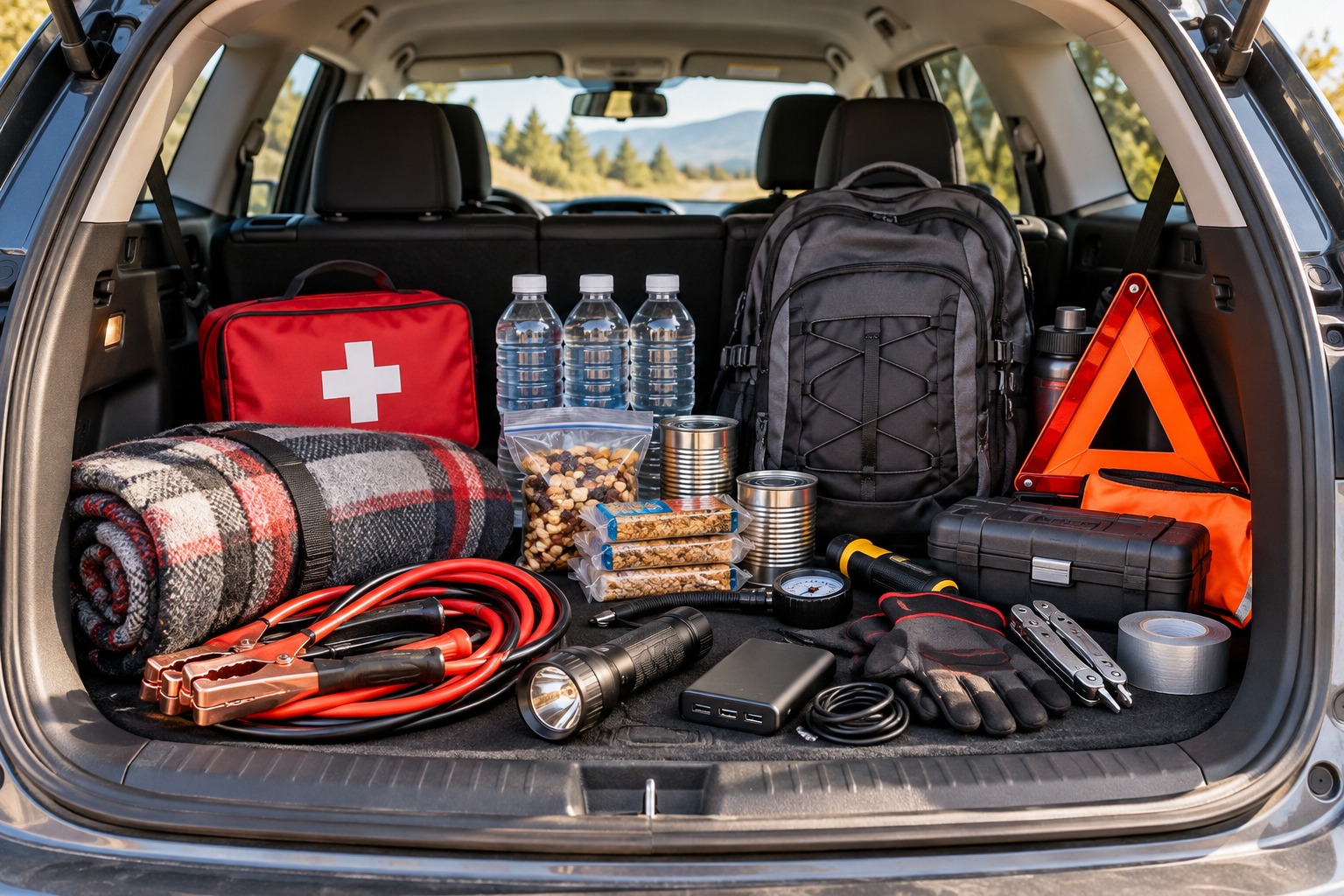 Car emergency kit with first aid supplies, water, food, blanket, jumper cables, flashlight, tools and backpack in an SUV