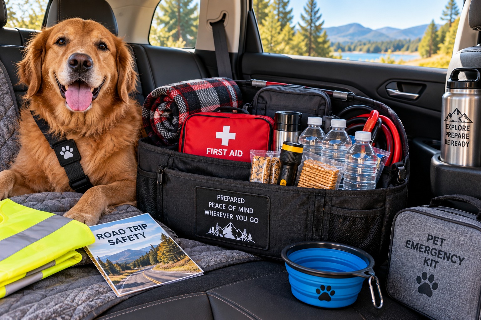 Car emergency kit with water, food, first aid supplies, blanket, flashlight and pet supplies for a road trip