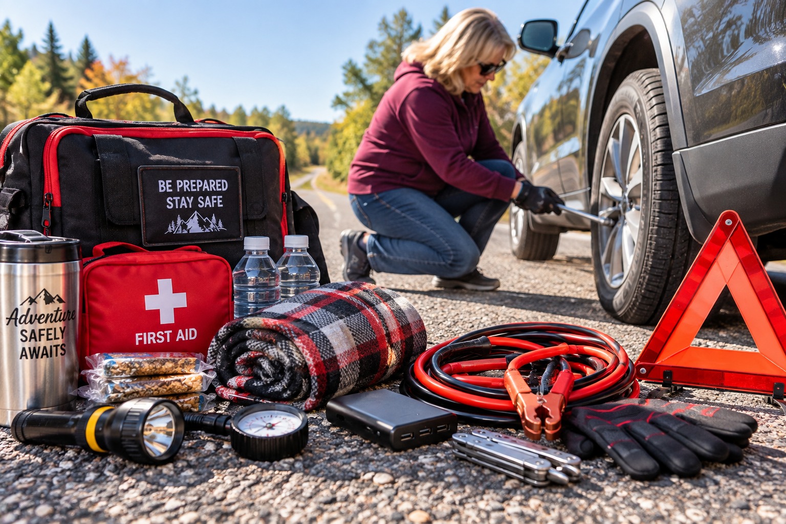 Car emergency kit with roadside supplies, first aid kit, blanket, water, jumper cables, flashlight and tools beside an SUV