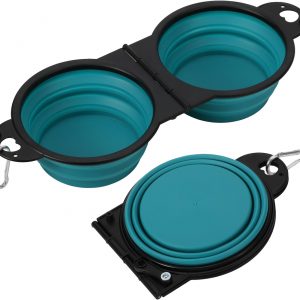 Teal collapsible double dog bowls for food and water with carabiners