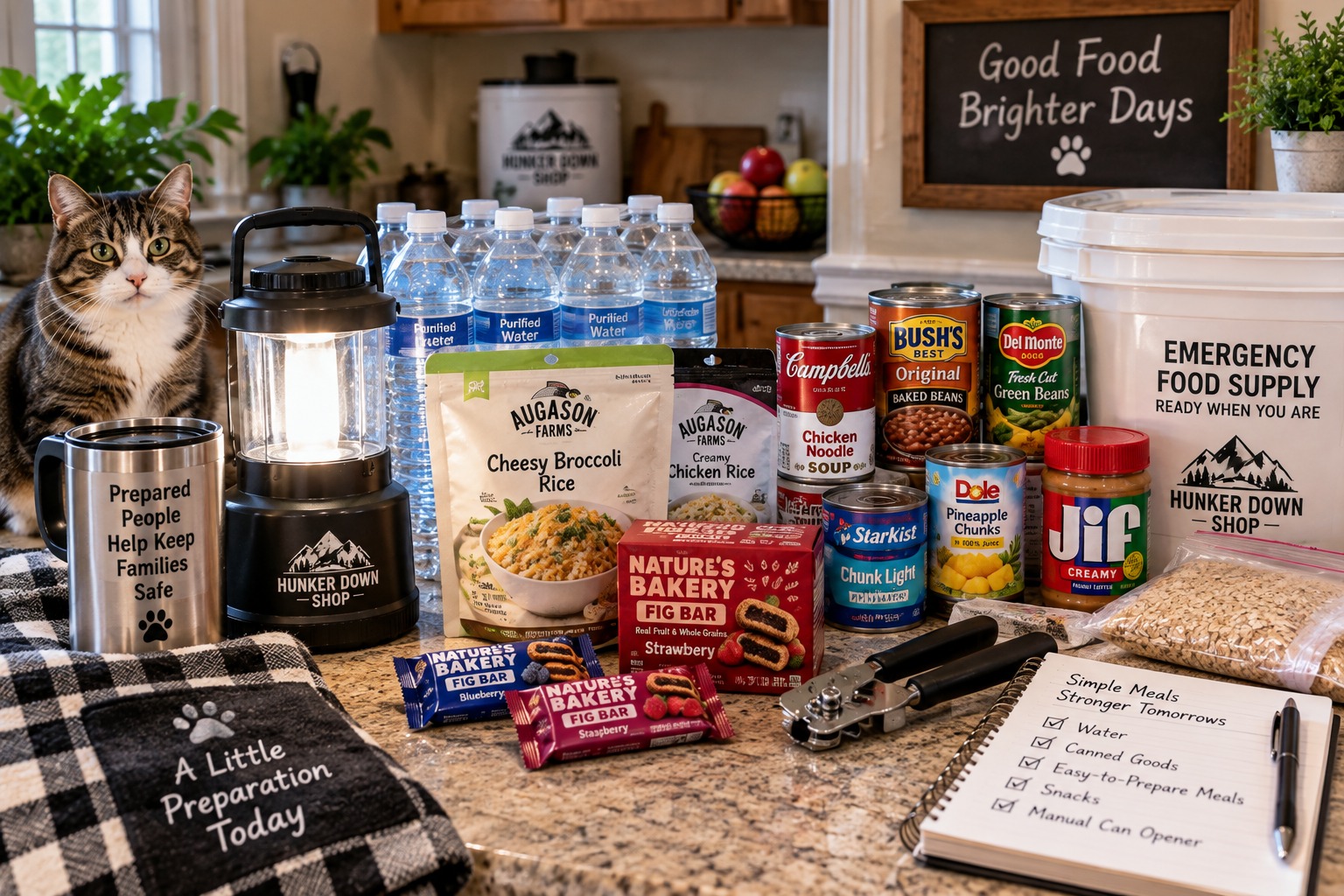 Emergency food and water supplies for a 3-day power outage with canned goods, shelf-stable meals, lantern and manual can opener