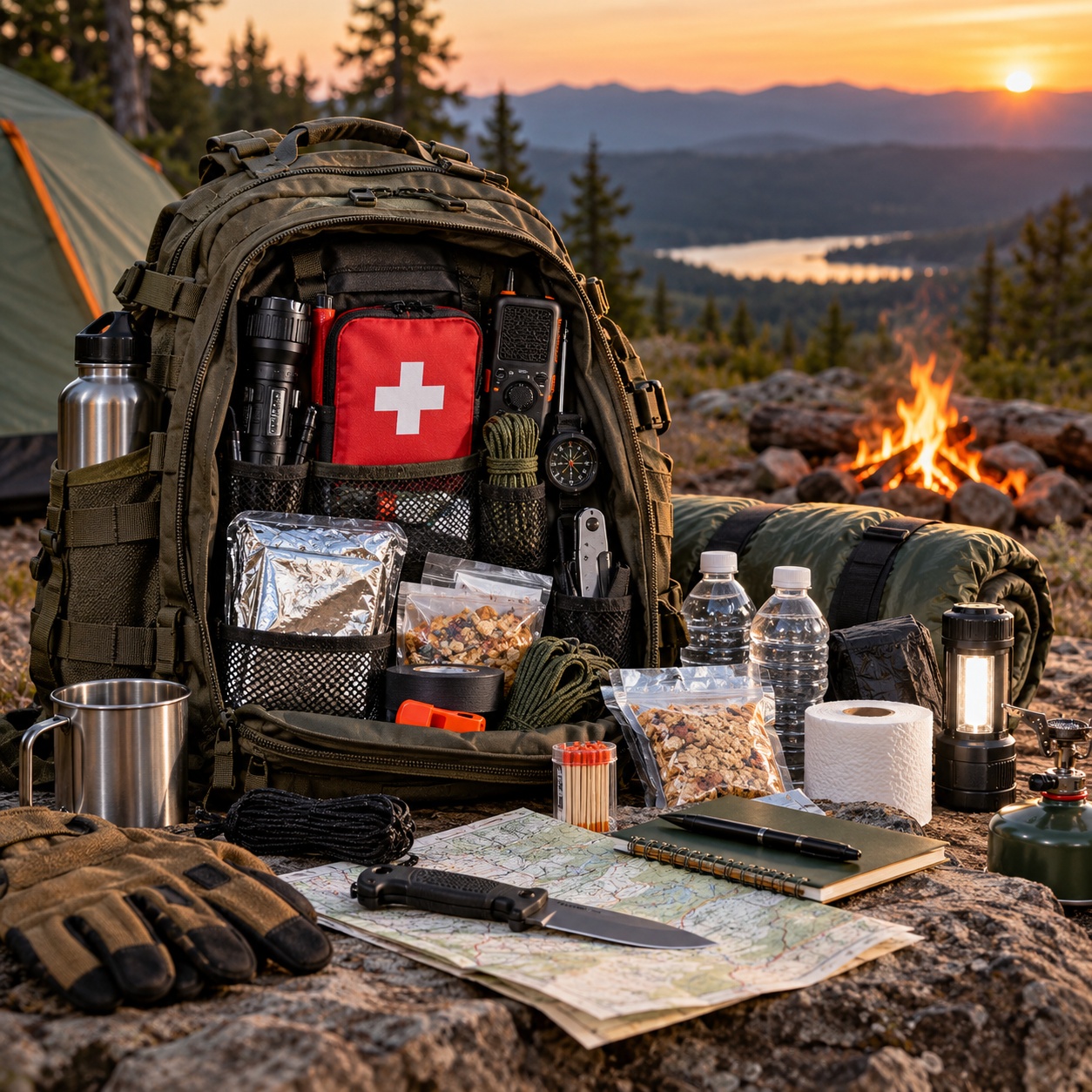 Emergency survival kit backpack with essential preparedness supplies