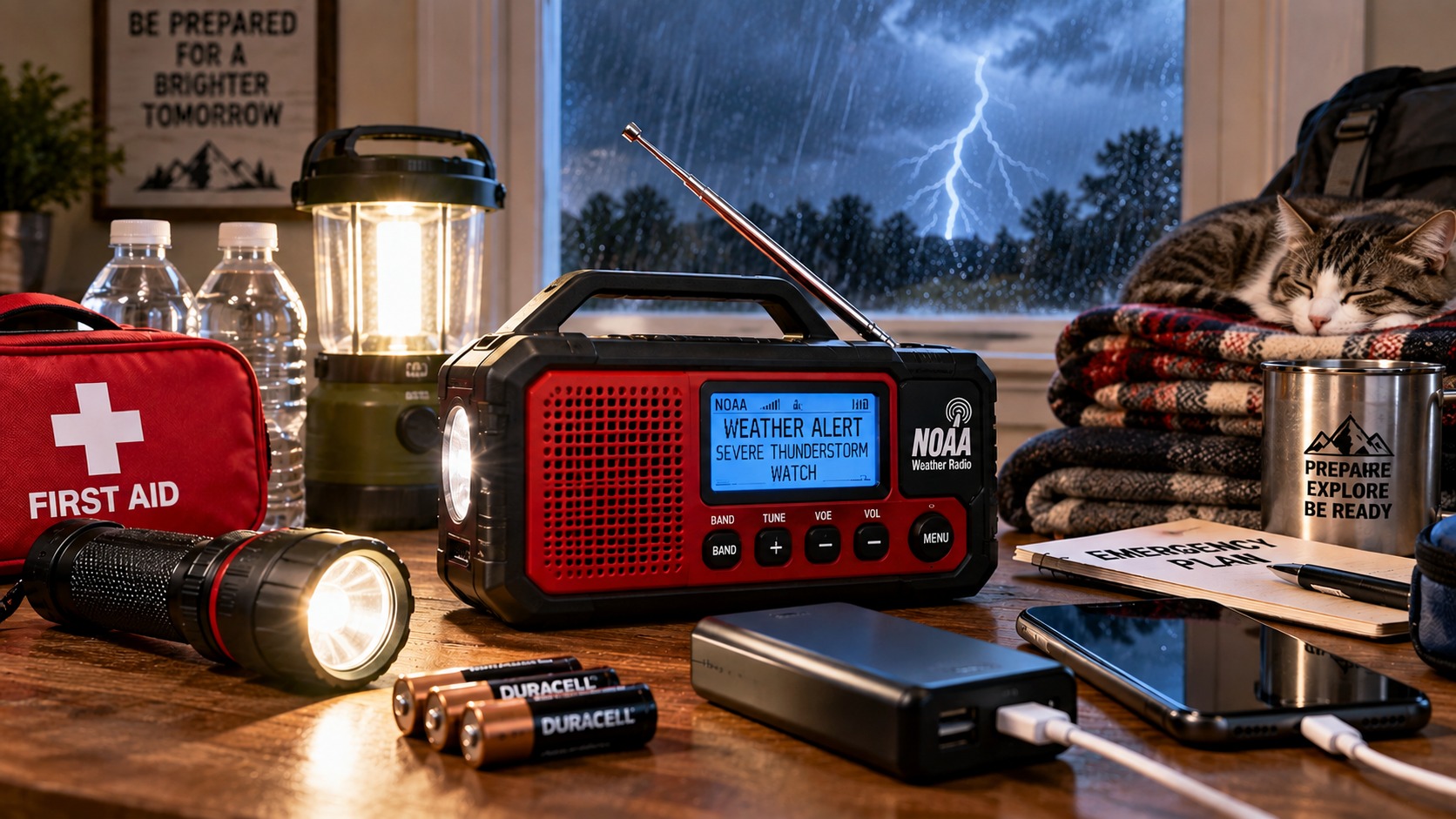 Emergency radio with flashlight, batteries, backup power, first aid supplies and a sleeping cat during a severe storm